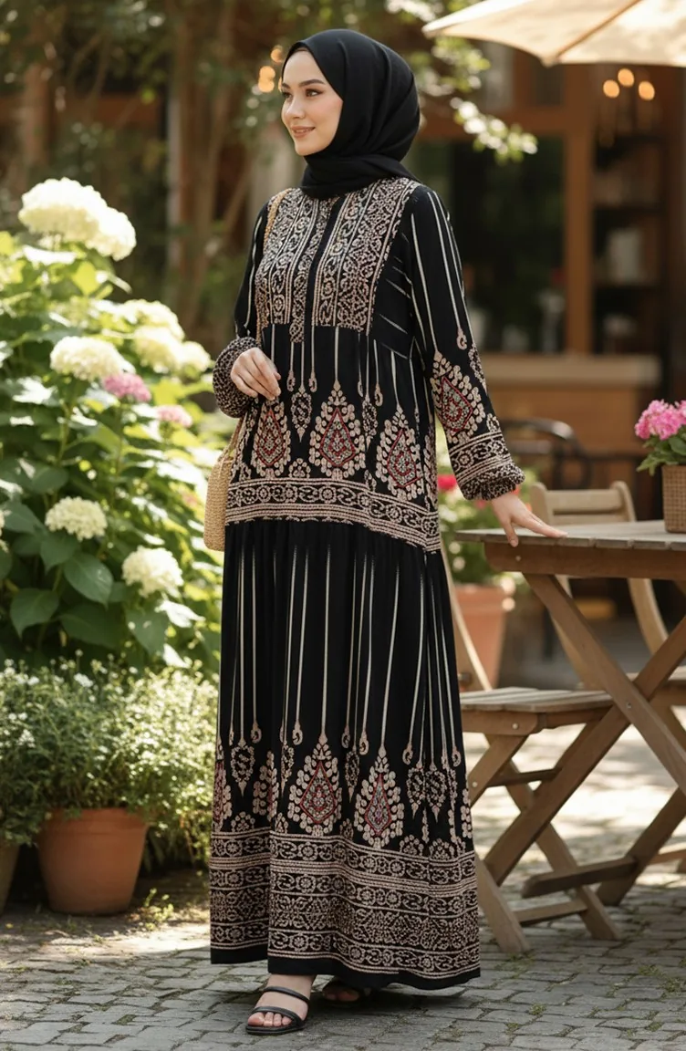 فستان حجاب من الفسكوز بنقوش من ألاتشاتي، نصف أزرار، أسود، 2204-02 2204-02