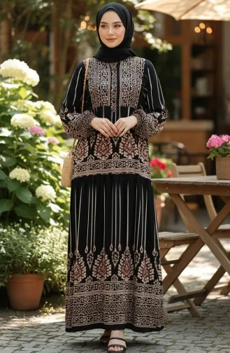 فستان حجاب من الفسكوز بنقوش من ألاتشاتي، نصف أزرار، أسود، 2204-02 2204-02