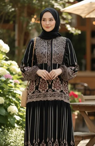 فستان حجاب من الفسكوز بنقوش من ألاتشاتي، نصف أزرار، أسود، 2204-02 2204-02