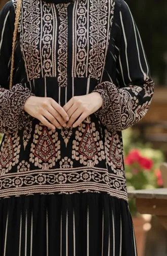 فستان حجاب من الفسكوز بنقوش من ألاتشاتي، نصف أزرار، أسود، 2204-02 2204-02