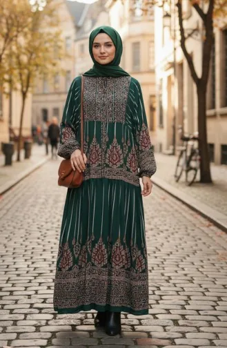 فستان حجاب من الفسكوز بنقوش ألاتشاتي، نصف أزرار، لون كاكي 2204-03 2204-03