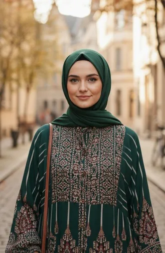 فستان حجاب من الفسكوز بنقوش ألاتشاتي، نصف أزرار، لون كاكي 2204-03 2204-03
