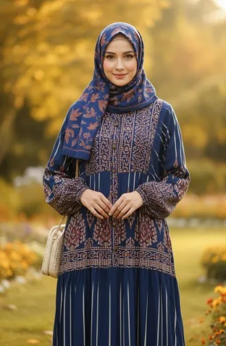 فستان حجاب من الفسكوز بنقشة ألاتشاتي، نصف أزرار، 2204-04، لون نيلي 2204-04