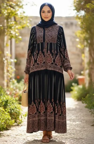 فستان حجاب من الفسكوز بنصف أزرار بنقشة ألاتشاتي، 2204-05، أزرق كحلي 2204-05