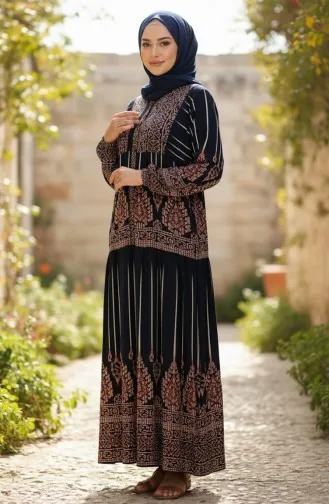 فستان حجاب من الفسكوز بنصف أزرار بنقشة ألاتشاتي، 2204-05، أزرق كحلي 2204-05