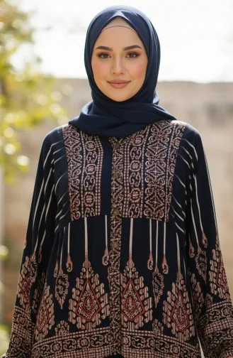 فستان حجاب من الفسكوز بنصف أزرار بنقشة ألاتشاتي، 2204-05، أزرق كحلي 2204-05
