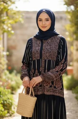 فستان حجاب من الفسكوز بنصف أزرار بنقشة ألاتشاتي، 2204-05، أزرق كحلي 2204-05