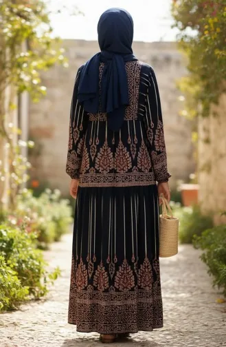 فستان حجاب من الفسكوز بنصف أزرار بنقشة ألاتشاتي، 2204-05، أزرق كحلي 2204-05