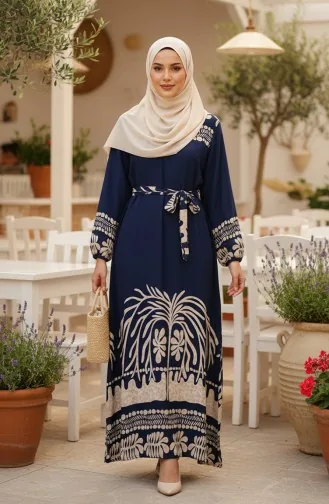 فستان حجاب من الفسكوز بنقوش وحزام، 2206-01، أزرق داكن 2206-01