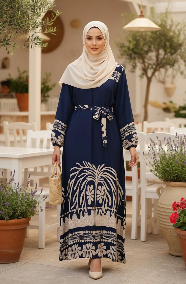 فستان حجاب من الفسكوز بنقوش وحزام، 2206-01، أزرق داكن 2206-01