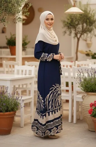 فستان حجاب من الفسكوز بنقوش وحزام، 2206-01، أزرق داكن 2206-01