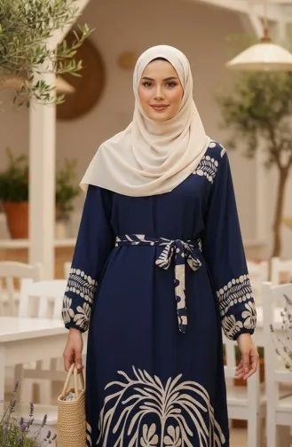فستان حجاب من الفسكوز بنقوش وحزام، 2206-01، أزرق داكن 2206-01
