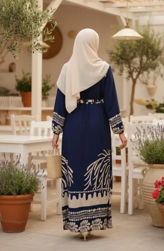 فستان حجاب من الفسكوز بنقوش وحزام، 2206-01، أزرق داكن 2206-01