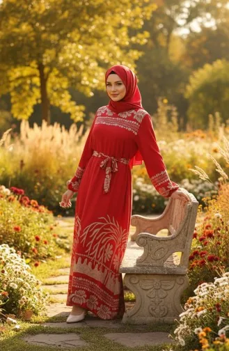 فستان حجاب من الفسكوز بنقوش وحزام، رقم الموديل 2206-02، لون أحمر 2206-02