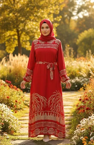 فستان حجاب من الفسكوز بنقوش وحزام، رقم الموديل 2206-02، لون أحمر 2206-02