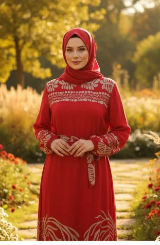 فستان حجاب من الفسكوز بنقوش وحزام، رقم الموديل 2206-02، لون أحمر 2206-02