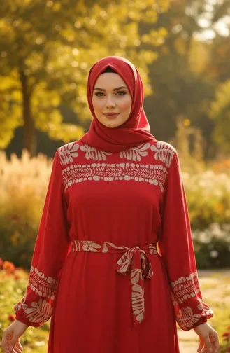 فستان حجاب من الفسكوز بنقوش وحزام، رقم الموديل 2206-02، لون أحمر 2206-02