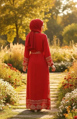 فستان حجاب من الفسكوز بنقوش وحزام، رقم الموديل 2206-02، لون أحمر 2206-02