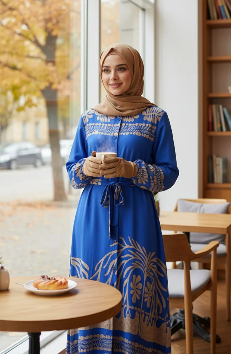 فستان حجاب من الفسكوز بنقوش وحزام، 2206-03، أزرق داكن 2206-03
