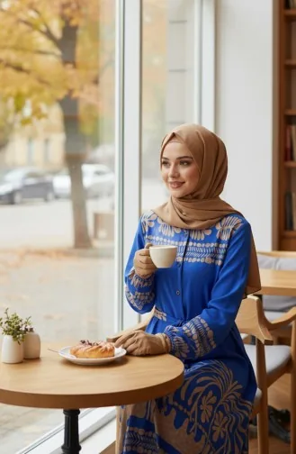 فستان حجاب من الفسكوز بنقوش وحزام، 2206-03، أزرق داكن 2206-03