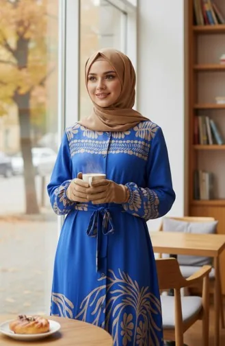 فستان حجاب من الفسكوز بنقوش وحزام، 2206-03، أزرق داكن 2206-03