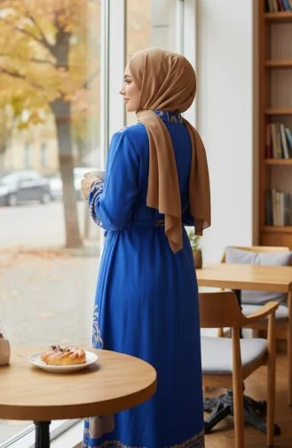 فستان حجاب من الفسكوز بنقوش وحزام، 2206-03، أزرق داكن 2206-03