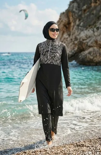 Etnik Desenli Likralı Tesettür Mayo 2313-01 Siyah