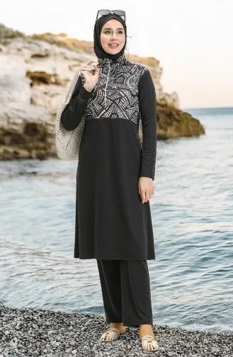 Etnik Desenli Likralı Tesettür Mayo 2313-01 Siyah