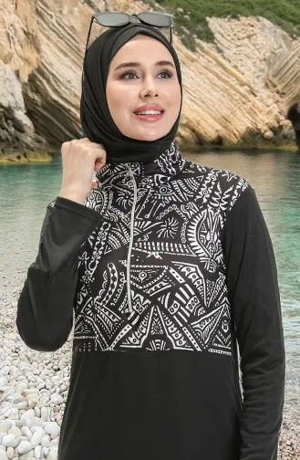Etnik Desenli Likralı Tesettür Mayo 2313-01 Siyah
