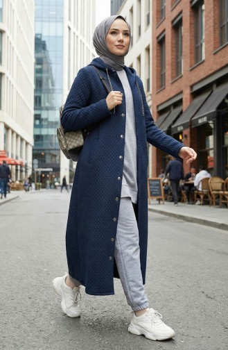 معطف مبطن بغطاء رأس وتفاصيل سلسلة 0215-01 أزرق داكن 0215-01