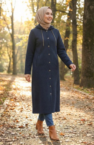 معطف مبطن بغطاء رأس وتفاصيل سلسلة 0215-01 أزرق داكن 0215-01