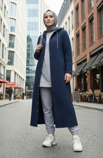 معطف مبطن بغطاء رأس وتفاصيل سلسلة 0215-01 أزرق داكن 0215-01