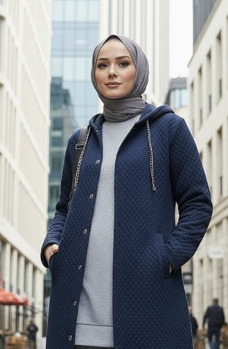 معطف مبطن بغطاء رأس وتفاصيل سلسلة 0215-01 أزرق داكن 0215-01