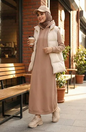 İki İplik Kapüşonlu Spor Elbise 0190-08 Sütlü kahve