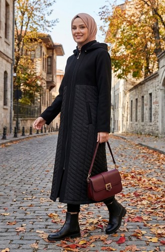 Manteau En Cachemire à Capuche Grande Taille 6340-01 Noir 6340-01