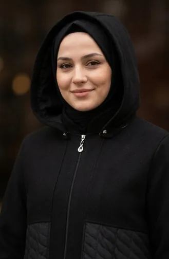 Plus Size Hooded Cashmere Coat 6340-01 Black 6340-01