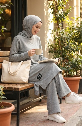 İki iplik Yırtmaçlı Spor Tunik Pantolon İkili Takım 0293-01 Gri
