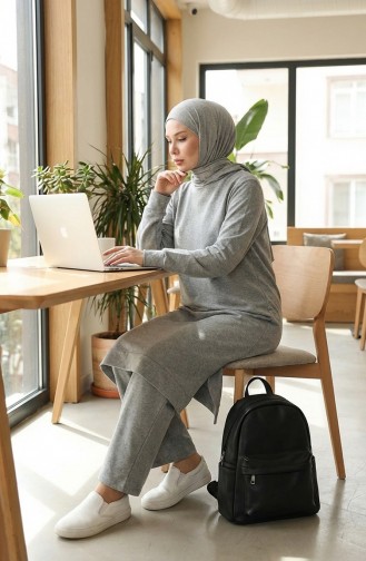 İki iplik Yırtmaçlı Spor Tunik Pantolon İkili Takım 0293-01 Gri