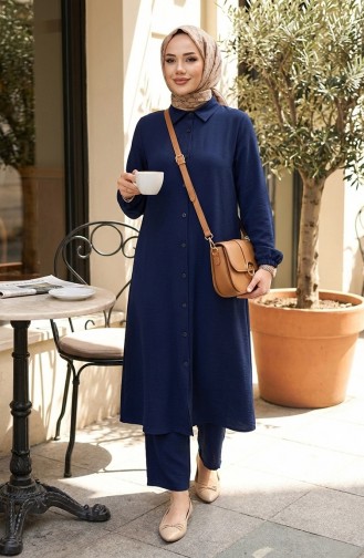 Viscose Belmando Fabric Tunic Trousers Two Piece Suit 0340-04 Navy Blue 0340-04