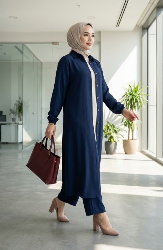 Viscose Belmando Fabric Tunic Trousers Two Piece Suit 0340-04 Navy Blue 0340-04