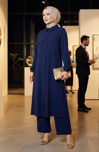 Viscose Belmando Fabric Tunic Trousers Two Piece Suit 0340-04 Navy Blue 0340-04