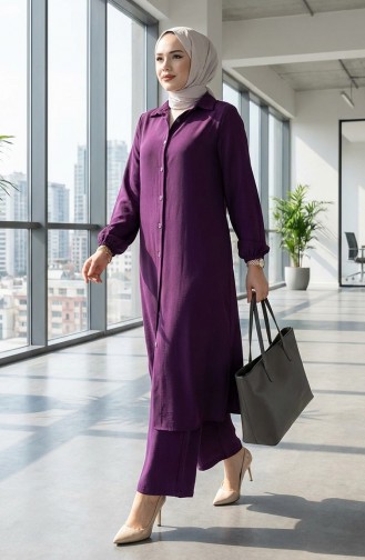 Viskon Belmando Kumaş Tunik Pantolon İkili Takım 0340-11 Mürdüm