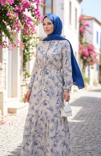 Front Buttoned Laced Linen Dress 0520-04 Beige Saxe 0520-04