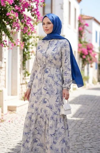 Önden Düğmeli Bağcıklı Keten Elbise 0520-04 Bej Saks