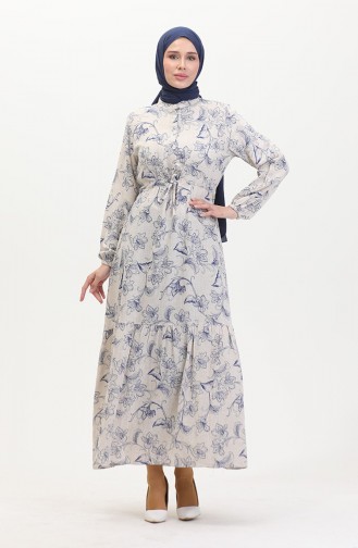 Front Buttoned Laced Linen Dress 0520-04 Beige Saxe 0520-04