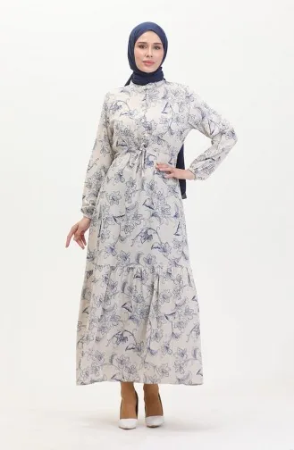 Önden Düğmeli Bağcıklı Keten Elbise 0520-04 Bej Saks