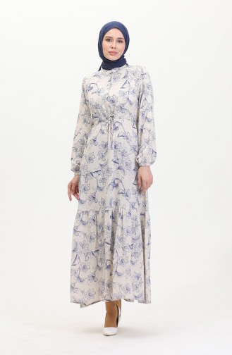 Front Buttoned Laced Linen Dress 0520-04 Beige Saxe 0520-04