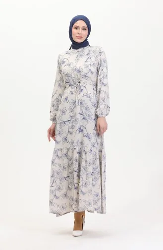 Önden Düğmeli Bağcıklı Keten Elbise 0520-04 Bej Saks