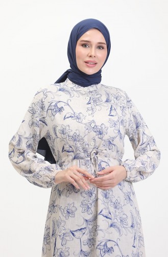 Front Buttoned Laced Linen Dress 0520-04 Beige Saxe 0520-04