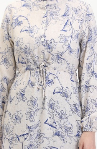 Front Buttoned Laced Linen Dress 0520-04 Beige Saxe 0520-04